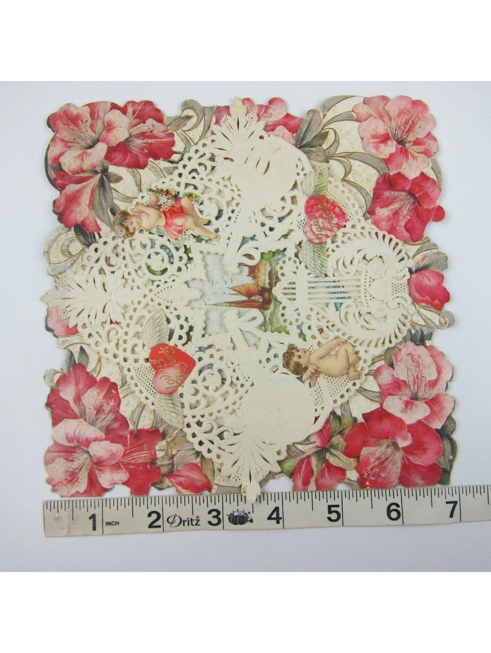Antique Valentine Die Cut Sailboat & Cupid Angel Boys Pink Flowers Hearts Bifold
